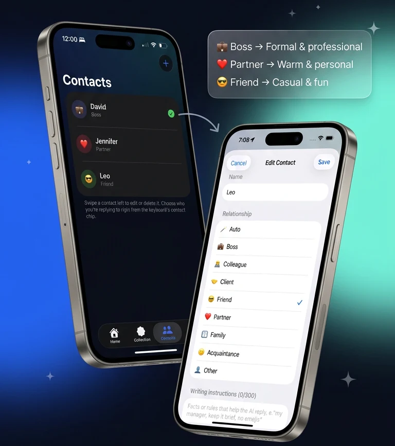 ReePhly Contacts screen next to the Edit Contact relationship picker, with a card mapping Boss, Partner, and Friend to different tones