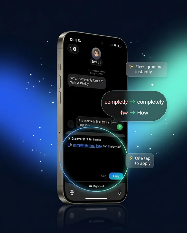 ReePhly grammar correction in a text to David, showing completly fixed to completely and hw fixed to How with a one-tap Apply button
