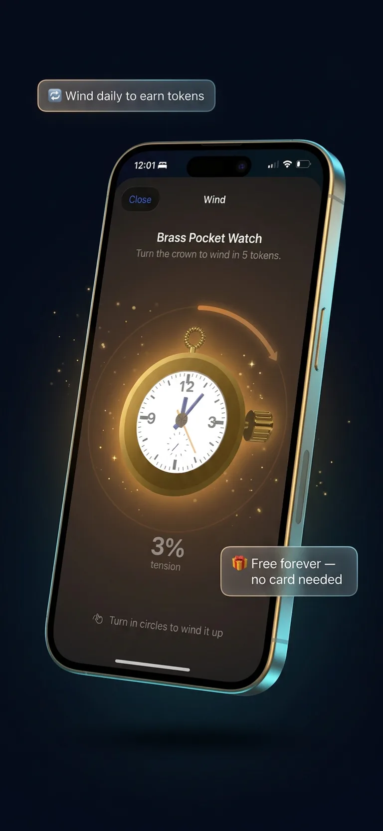 ReePhly Wind screen with a glowing brass pocket watch at 3 percent tension, floating chips reading Wind anytime to earn tokens and Free forever no card needed