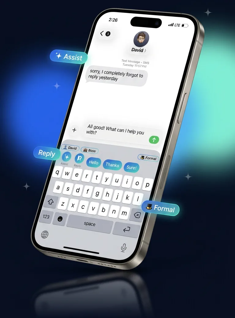ReePhly AI keyboard showing contact-aware smart replies and tone controls in a Messages chat